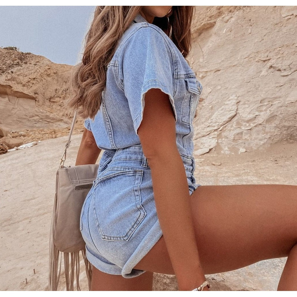 Netz-Retro-Denim-Jumpsuit