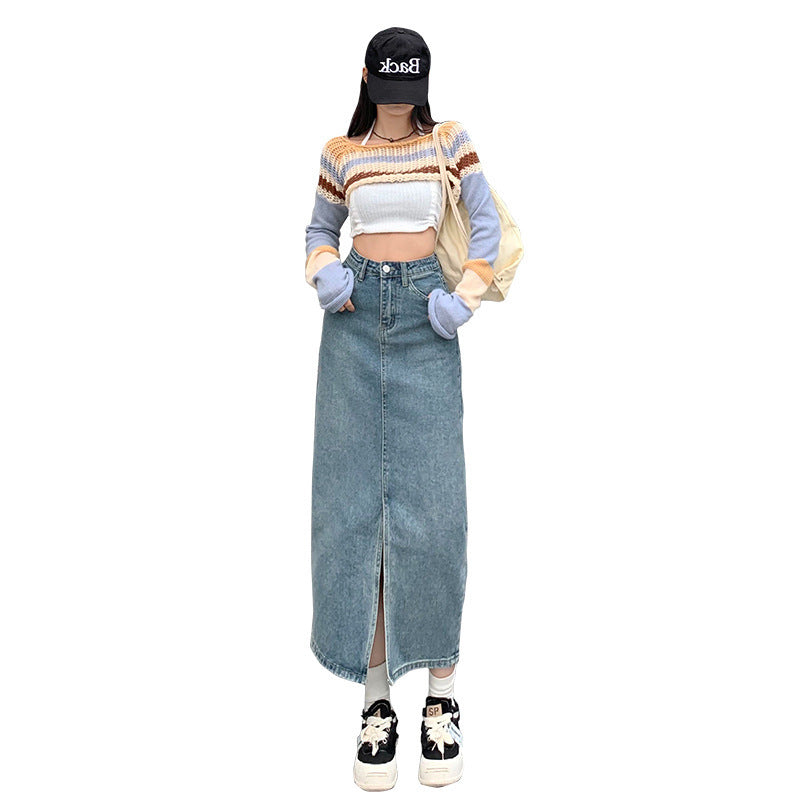 Denim Midi-Rock Damen Hohe Taille Locker Gespalten