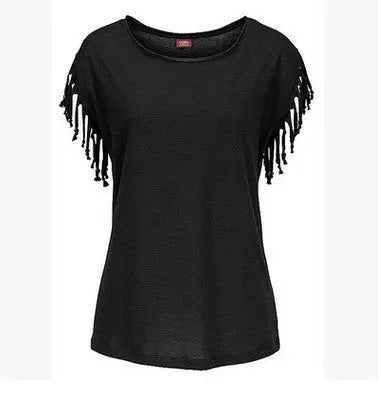 Damen Rundhalsausschnitt T-Shirt mit kurzen Ärmeln und Quasten-Manschetten - Baumwoll-Oberteil