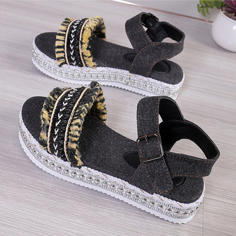 Ethno-Denim-Sandalen - Quasten, dicke Sohlen