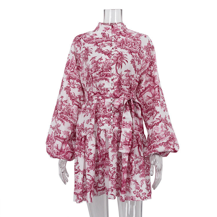Damen-Langarmkleid mit Tintenprint und Puffärmeln