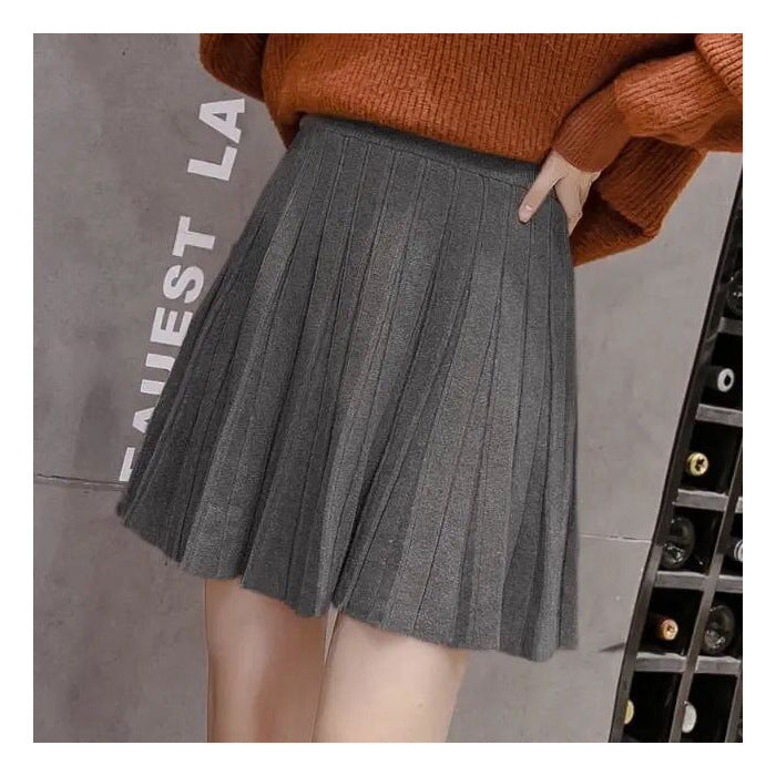 Damen Herbst- und Winterrock mit hoher Taille und gestrickten Falten