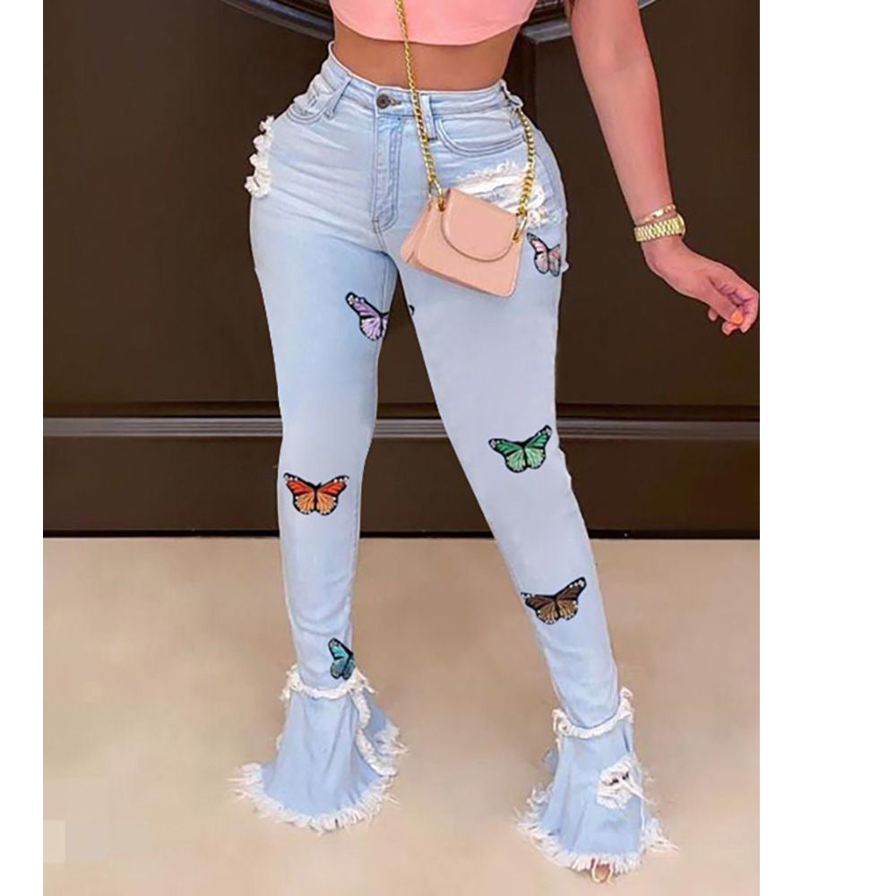 Modische Schmetterlings-bestickte Rüschen-Loch-Denim-Hose