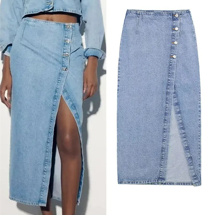 Hoch taillierter A-Linien-Schlitz-Denim-Rock für Damen