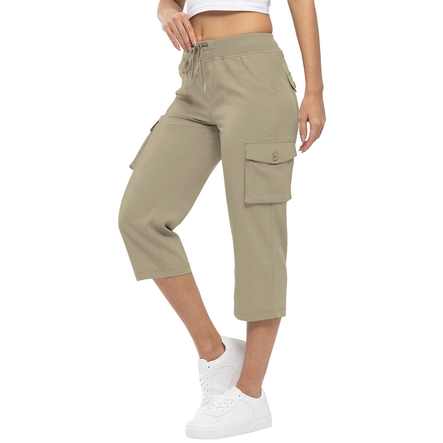 Damen-Hose mit hohem Bund, Kordelzug und Taschen