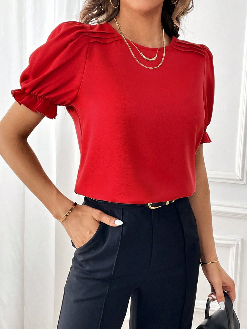 Modisches Pure-Color-Rundhals-Shirt-Top mit Temperament