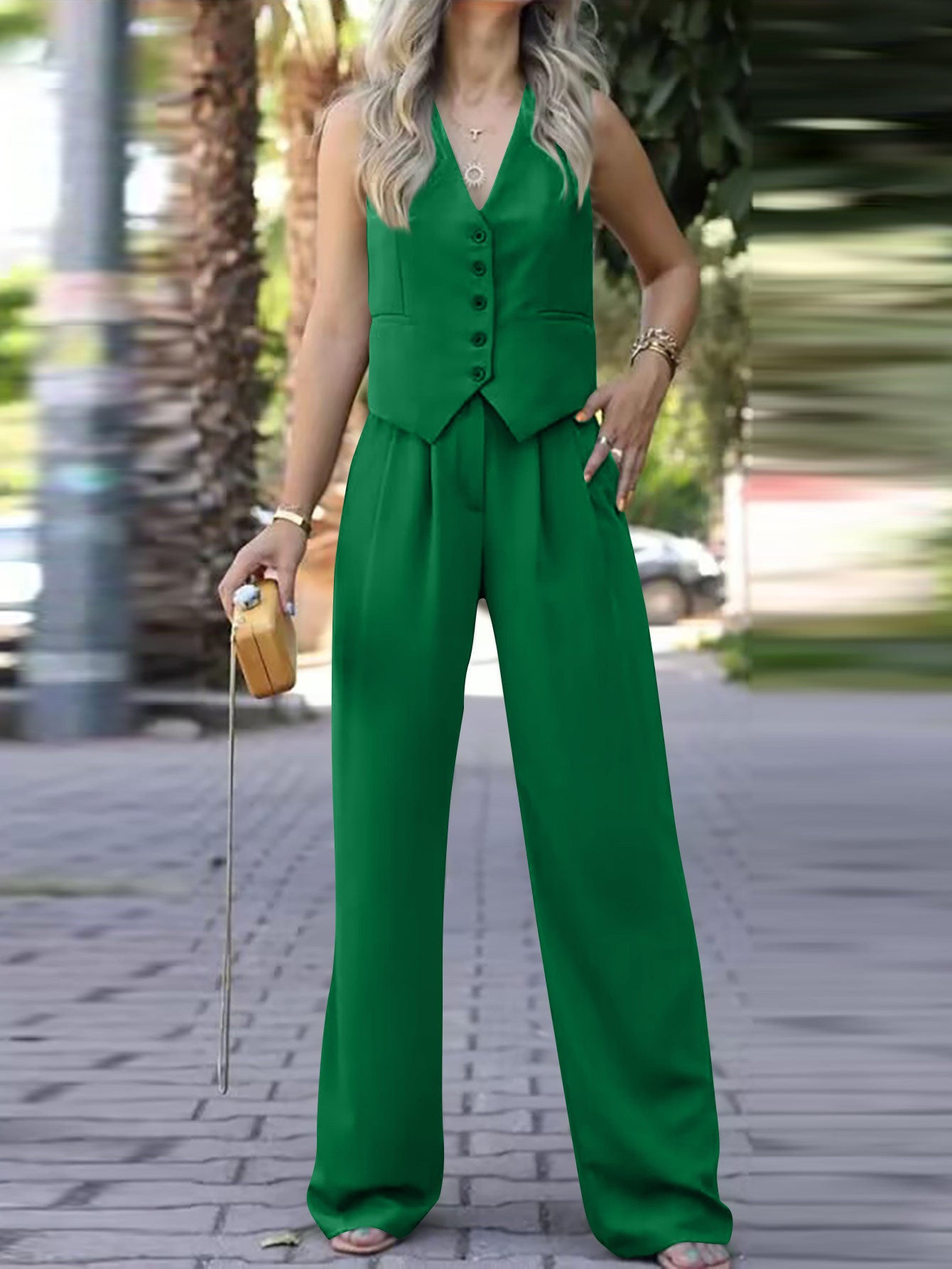 Ärmellose V-Ausschnitt Weste mit Weitem Bein Hose Ensemble