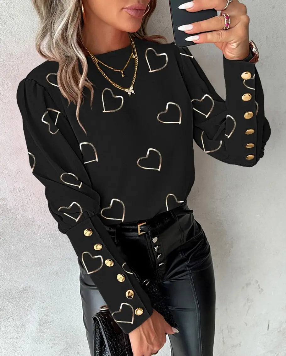 Blütenzauber Langarm Rundhals Knopfshirt für Damen
