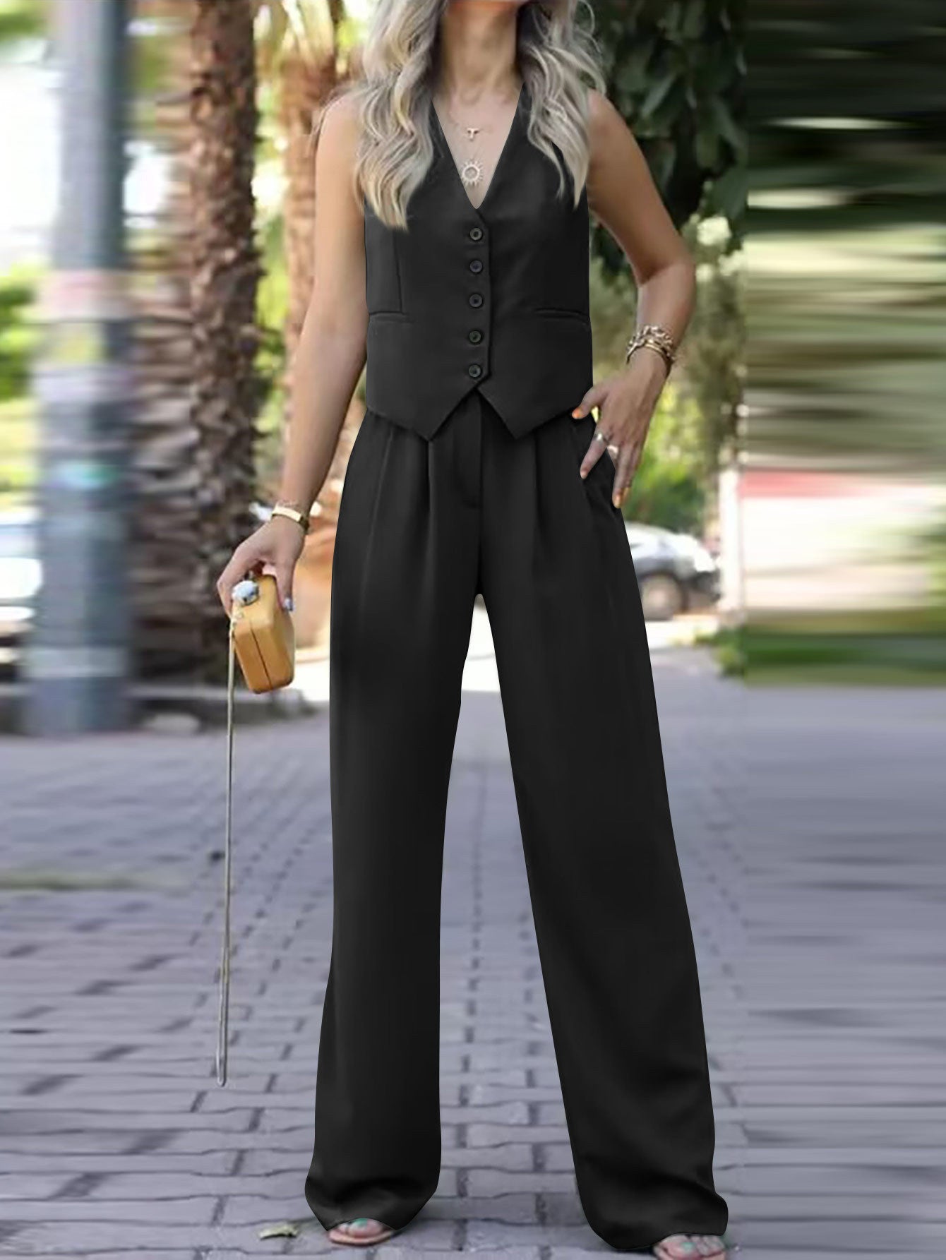Ärmellose V-Ausschnitt Weste mit Weitem Bein Hose Ensemble
