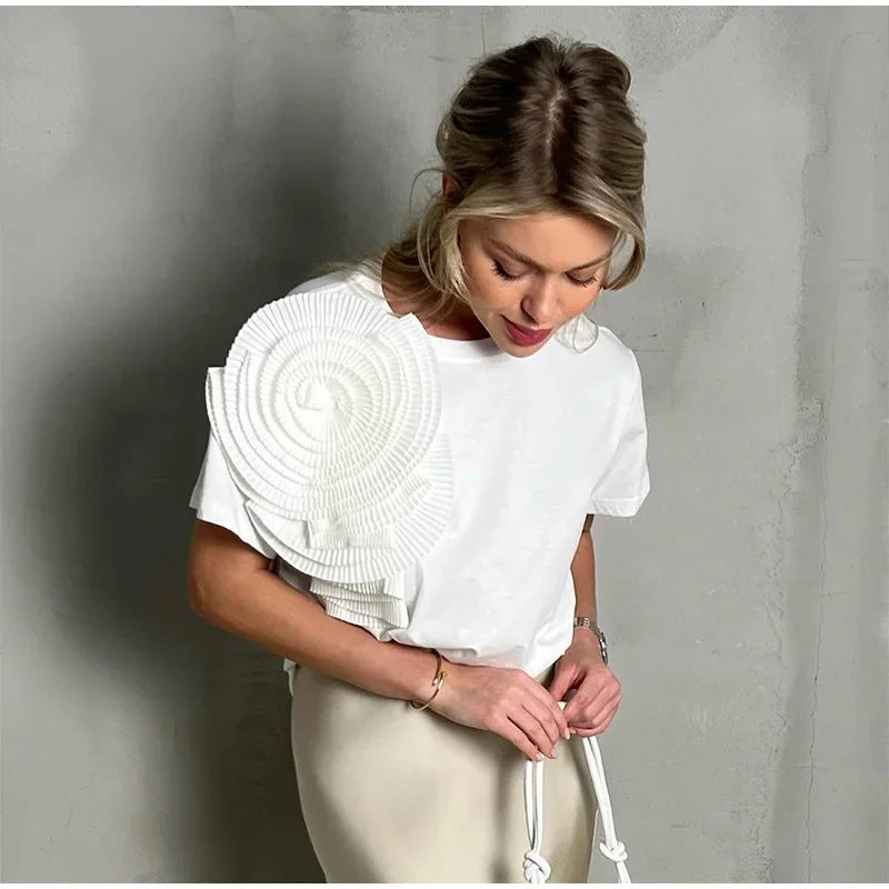 Frauen T-Shirt Eleganter Rundhalsausschnitt 3D Blume