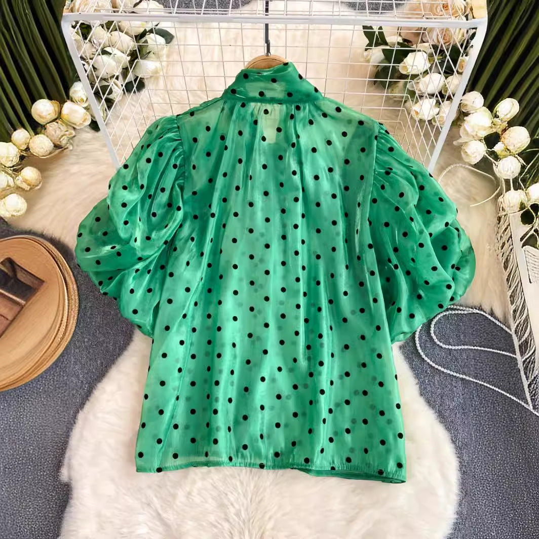 Retro-Punkte-Shirt Damen Süße Schleifenkragen
