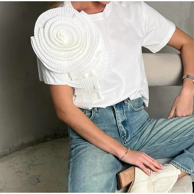 Frauen T-Shirt Eleganter Rundhalsausschnitt 3D Blume