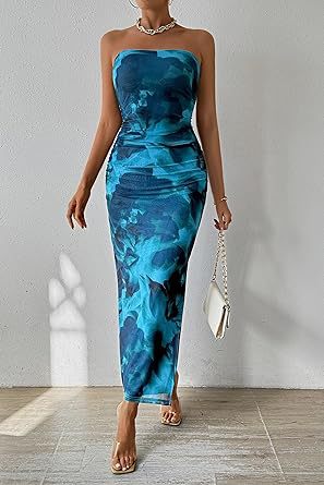 Damenkleid mit ärmellosem Print und Schlitzsaum am Saum
