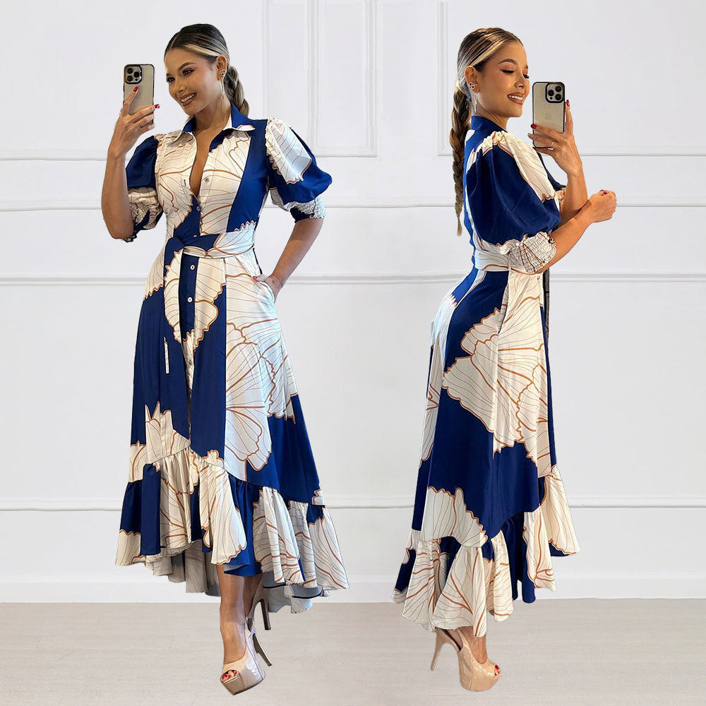 Hoch tailliertes Maxikleid mit unregelmäßigem Druck und Shirt-Cardigan-Stil