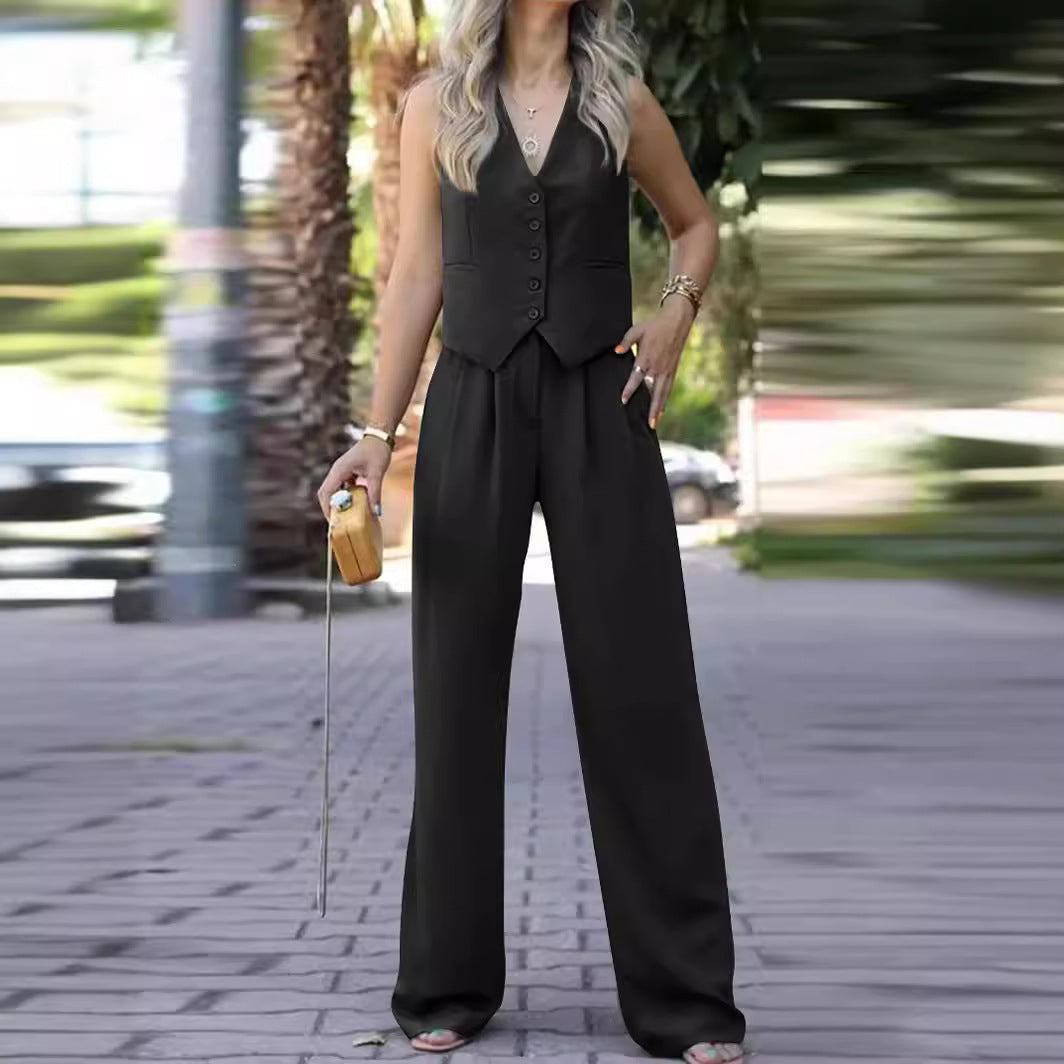 Ärmellose V-Ausschnitt Weste mit Weitem Bein Hose Ensemble