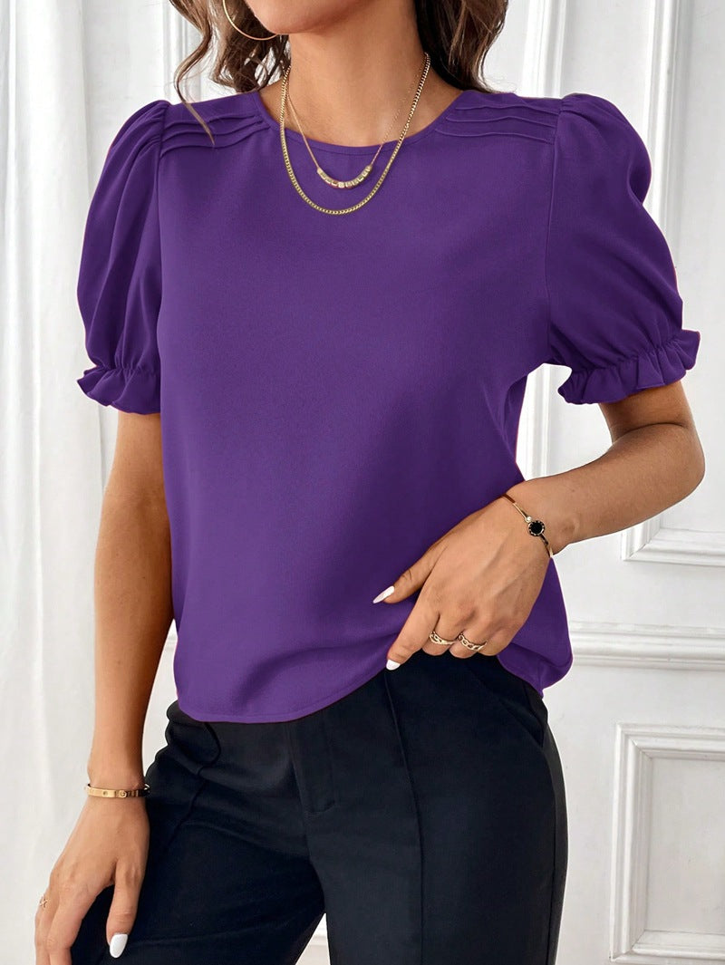 Modisches Pure-Color-Rundhals-Shirt-Top mit Temperament