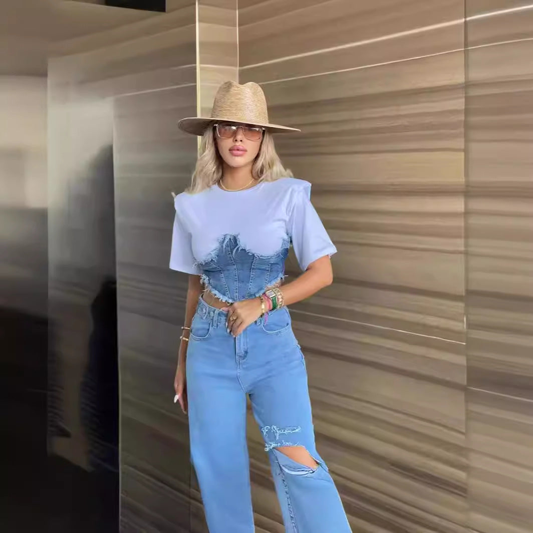 Jeans Bluse Frauen stehen -up -Kragen Jeans Bluse Ladies mit Strassjeans Bluse Kurzarm Arm