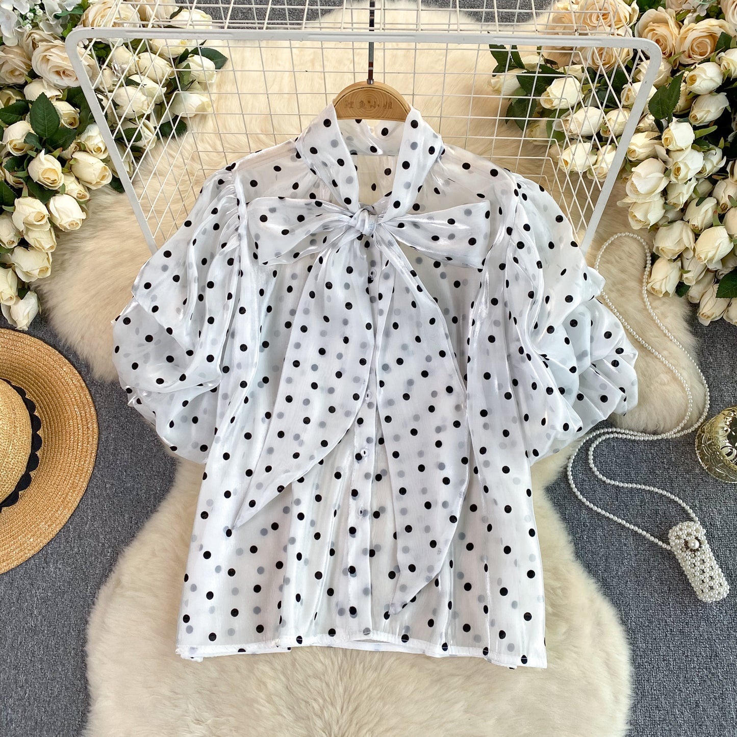 Retro-Punkte-Shirt Damen Süße Schleifenkragen