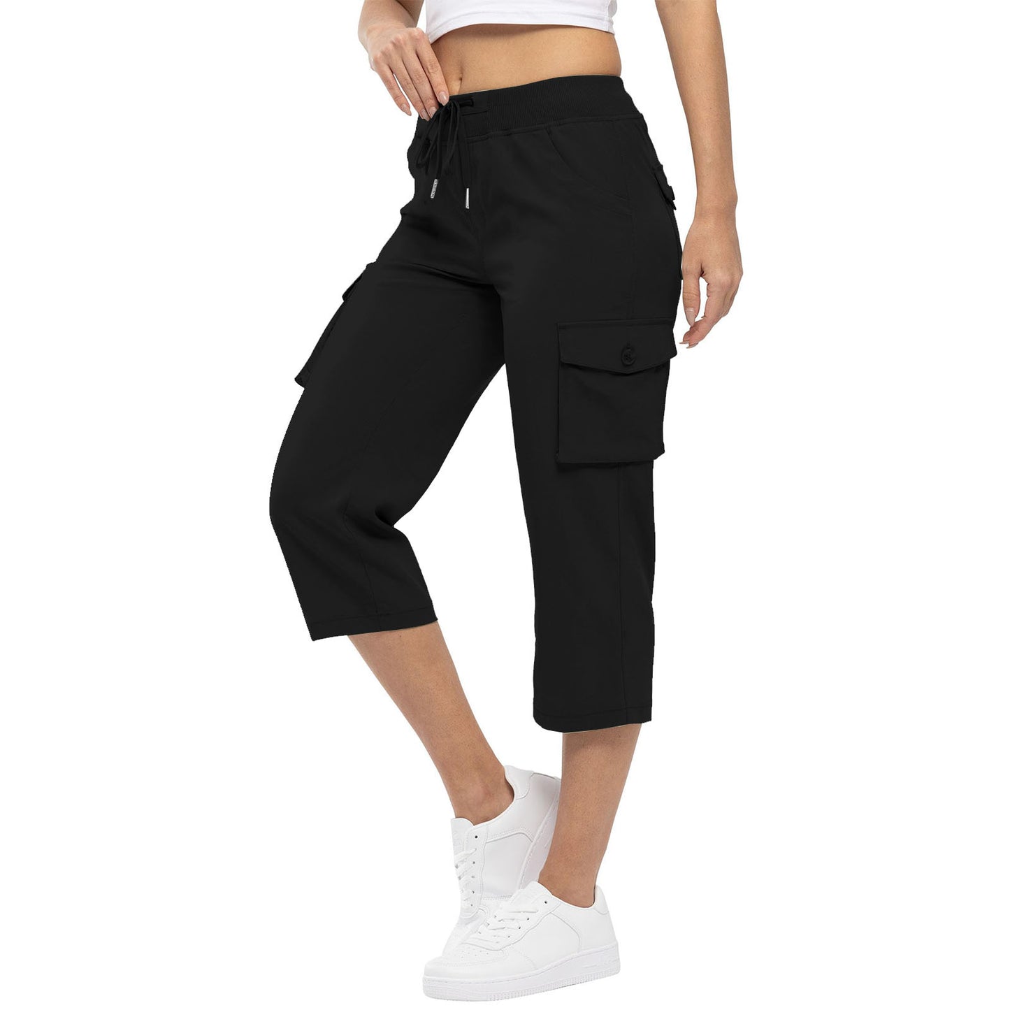 Damen-Hose mit hohem Bund, Kordelzug und Taschen