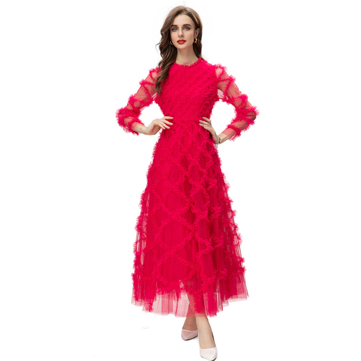 Elegantes Swing-Ballkleid mit Rhombus-Muster und Pilz-Details