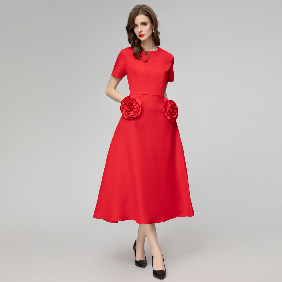Dreidimensionales Blumen Rundhals Kurzarm Französisches Kleid