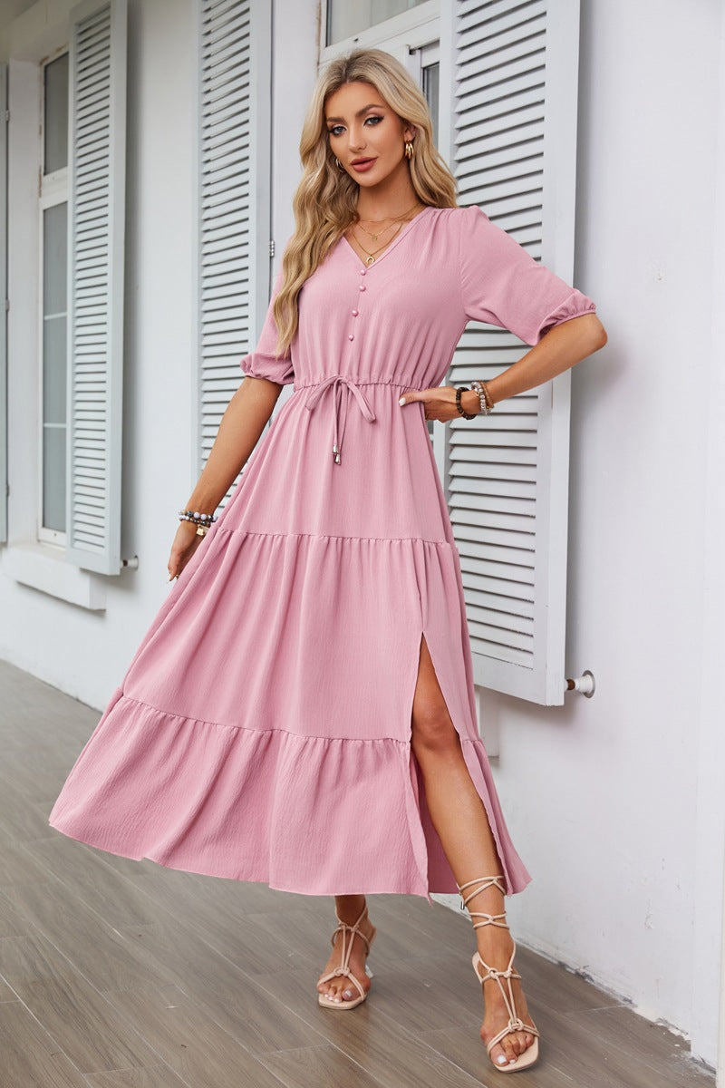 V-Ausschnitt-Knopfleiste Tunnelzug-Schlitzsaum am Saum Kurzarmkleid