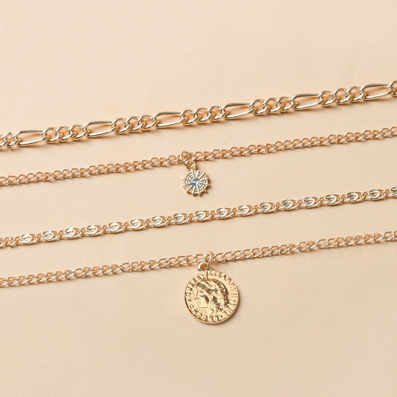 Mehrschichtige Halskette mit Porträtmünzen und breiter Kette für Damen