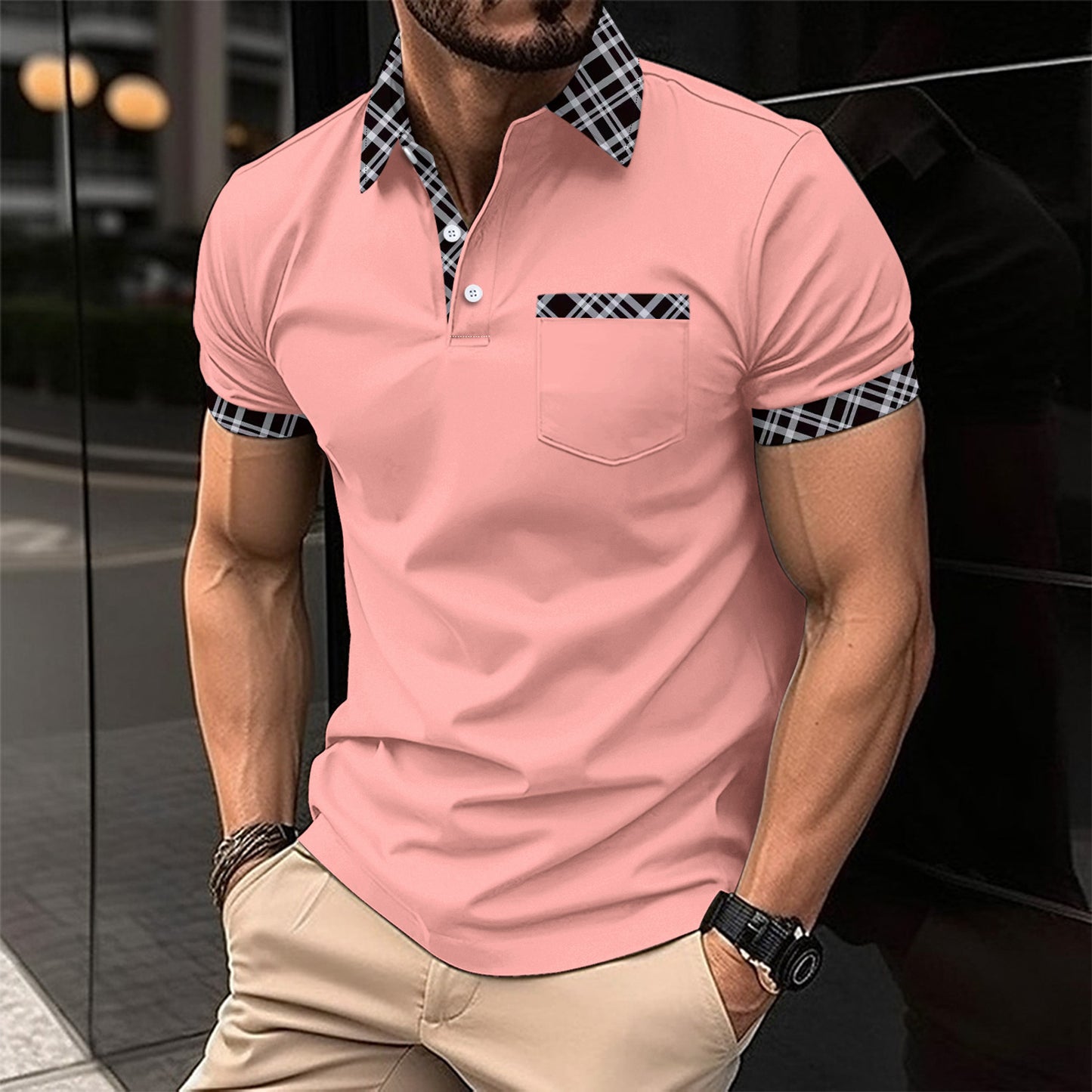 Farblich abgestimmtes kariertes Kurzarm-Sportpoloshirt