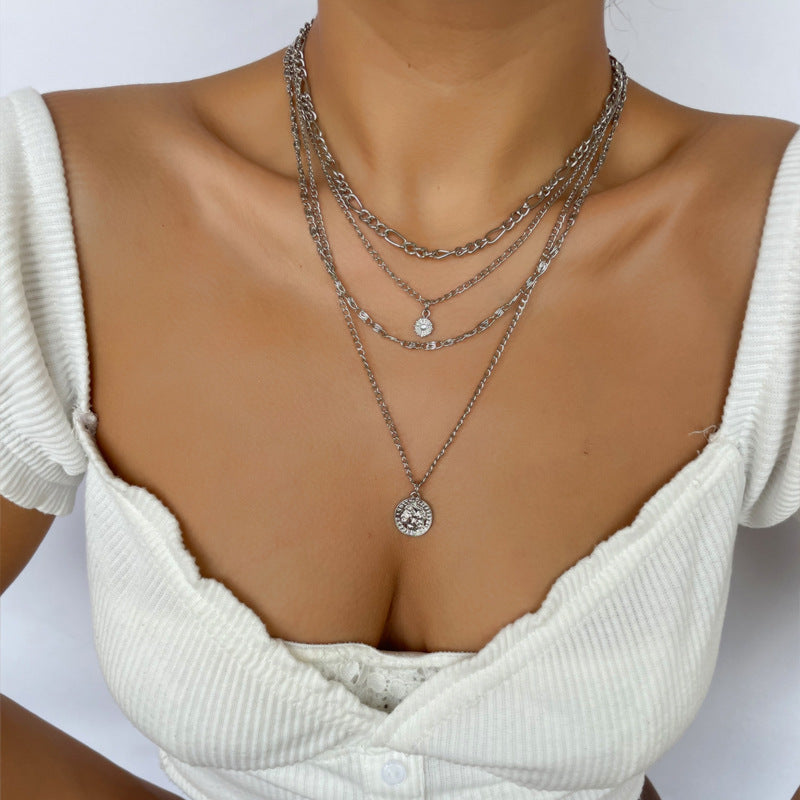 Mehrschichtige Halskette mit Porträtmünzen und breiter Kette für Damen