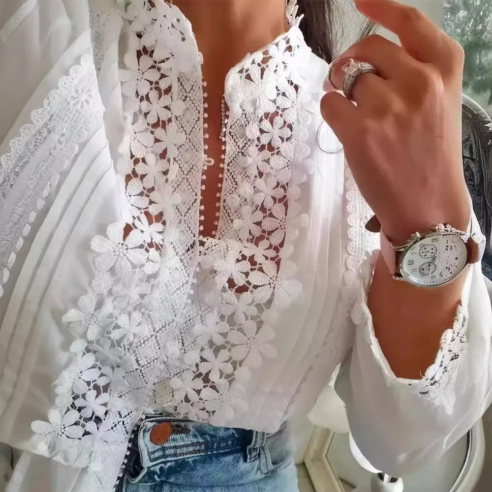 Damen Weißes Spitzenbluse mit Blumenmuster und Langarm