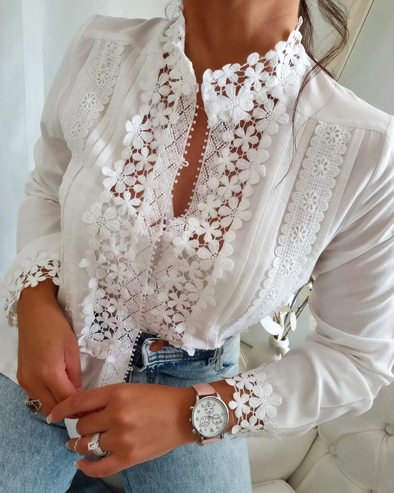 Damen Weißes Spitzenbluse mit Blumenmuster und Langarm