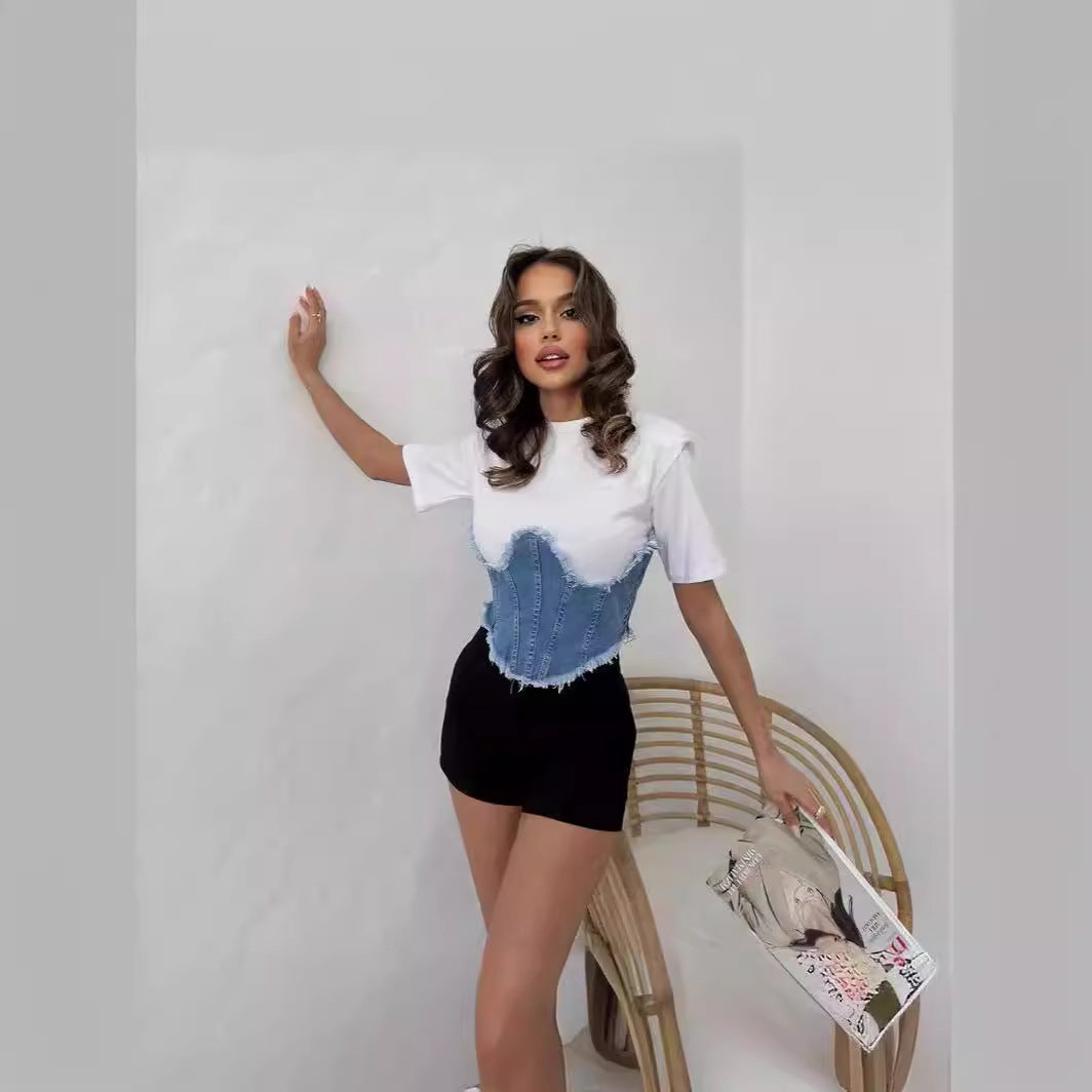 Jeans Bluse Frauen stehen -up -Kragen Jeans Bluse Ladies mit Strassjeans Bluse Kurzarm Arm