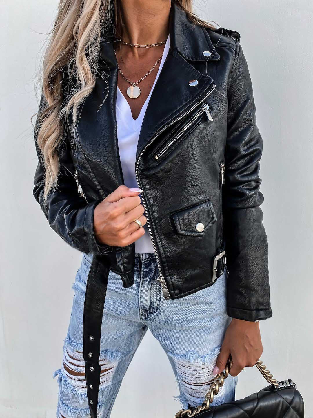Top-PU-Ledermantel Kurzer Reißverschluss-Jacke