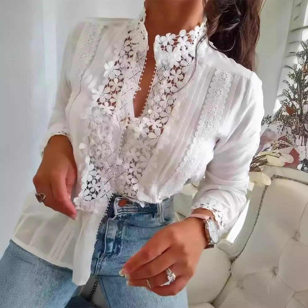 Damen Weißes Spitzenbluse mit Blumenmuster und Langarm