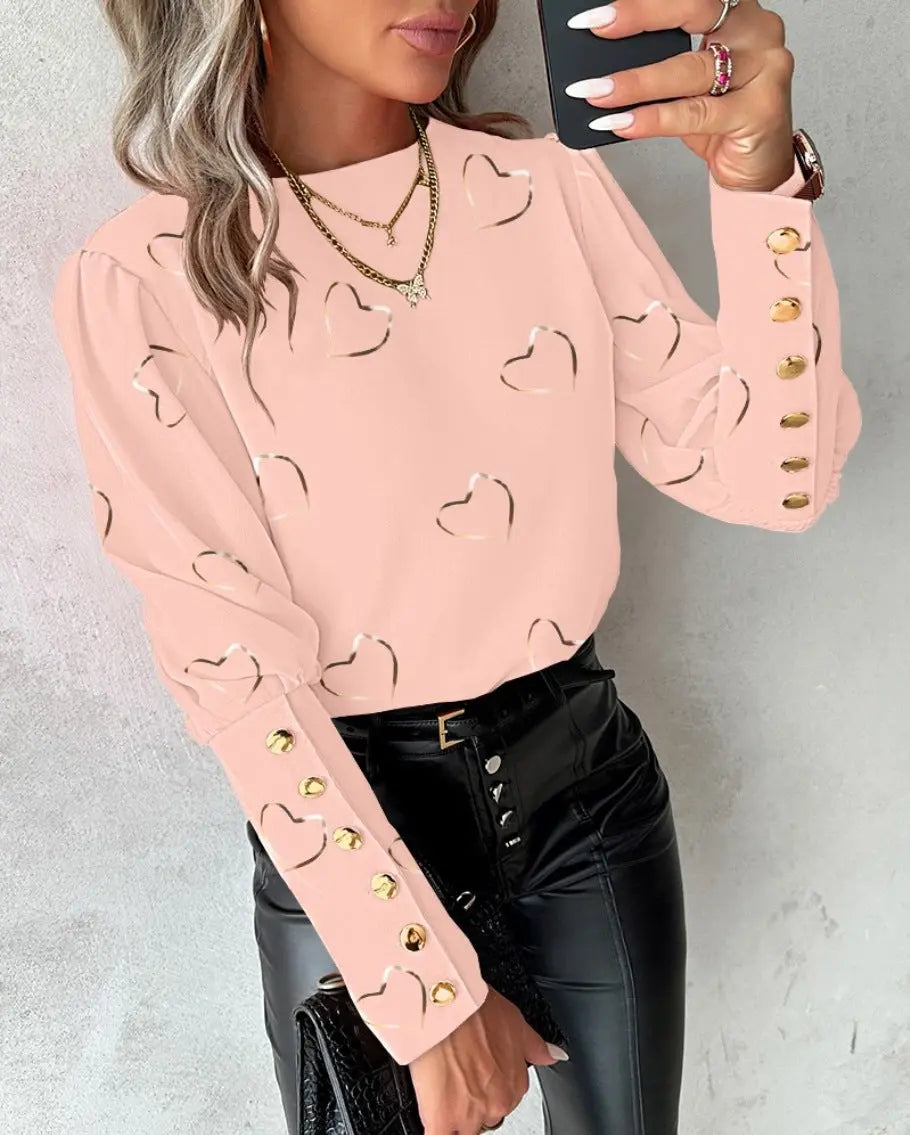 Blütenzauber Langarm Rundhals Knopfshirt für Damen