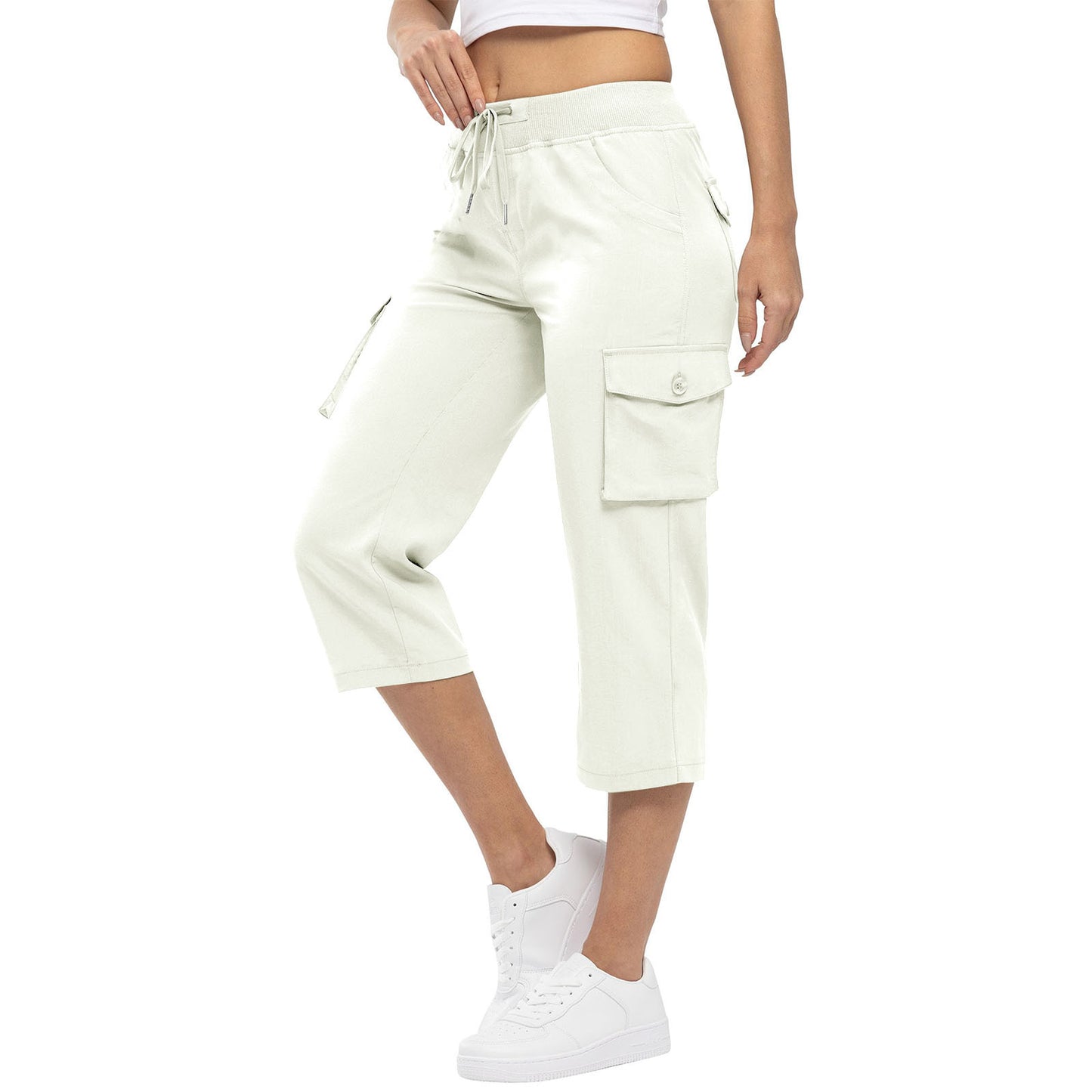 Damen-Hose mit hohem Bund, Kordelzug und Taschen