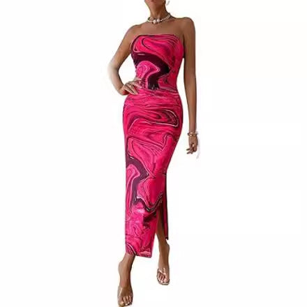 Damenkleid mit ärmellosem Print und Schlitzsaum am Saum
