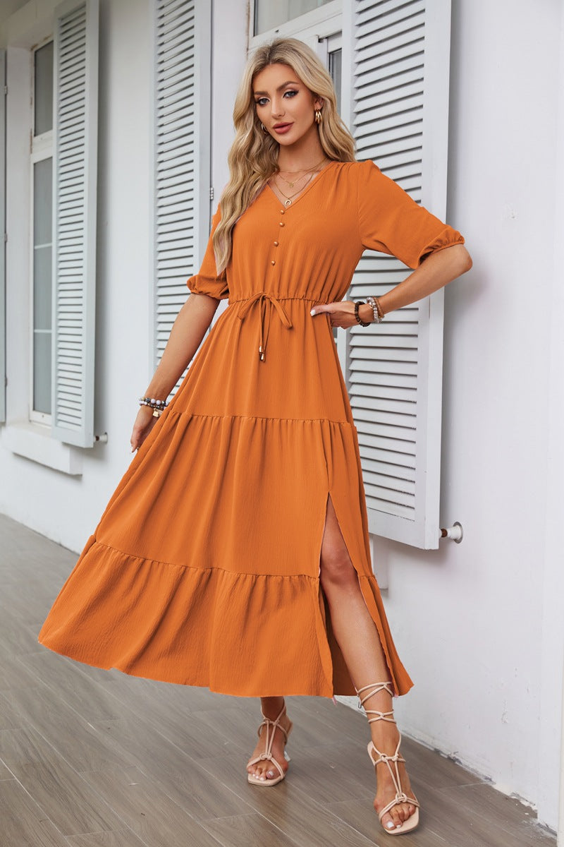 V-Ausschnitt-Knopfleiste Tunnelzug-Schlitzsaum am Saum Kurzarmkleid