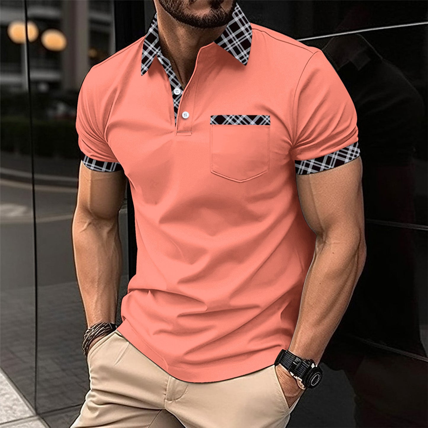 Farblich abgestimmtes kariertes Kurzarm-Sportpoloshirt