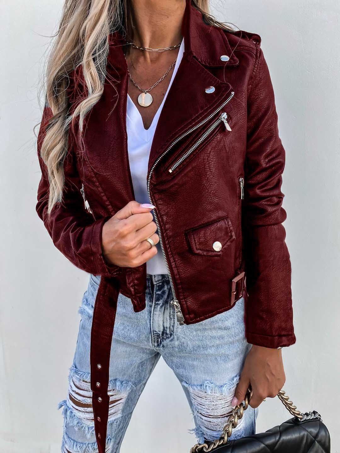 Top-PU-Ledermantel Kurzer Reißverschluss-Jacke