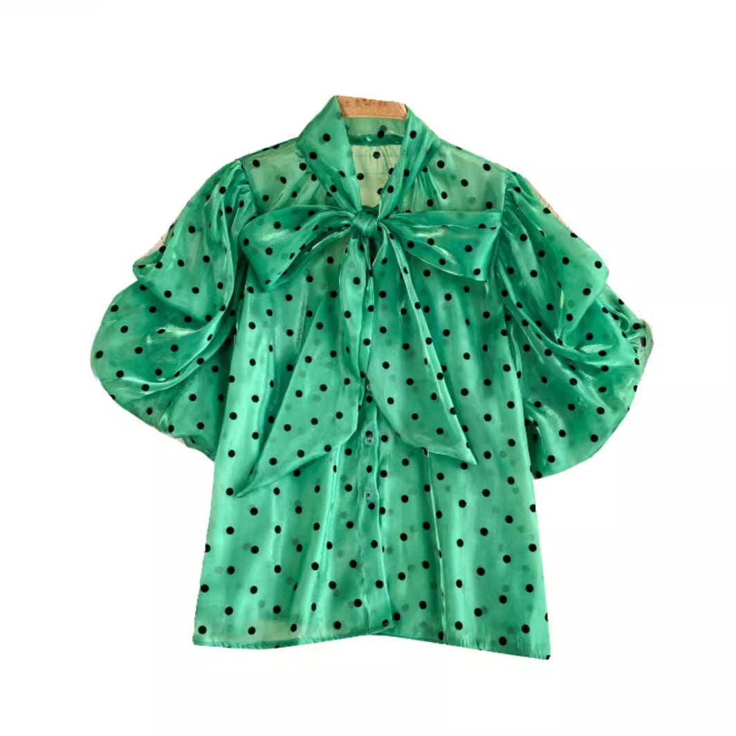 Retro-Punkte-Shirt Damen Süße Schleifenkragen