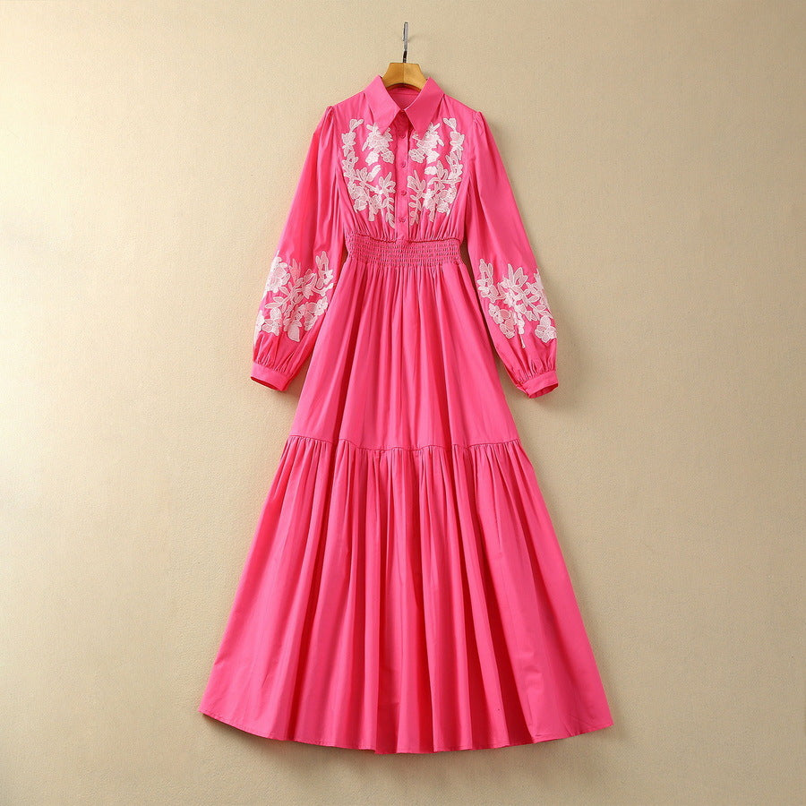 Baumwollstickerei Revers Elastische Taille Langarm Kleid