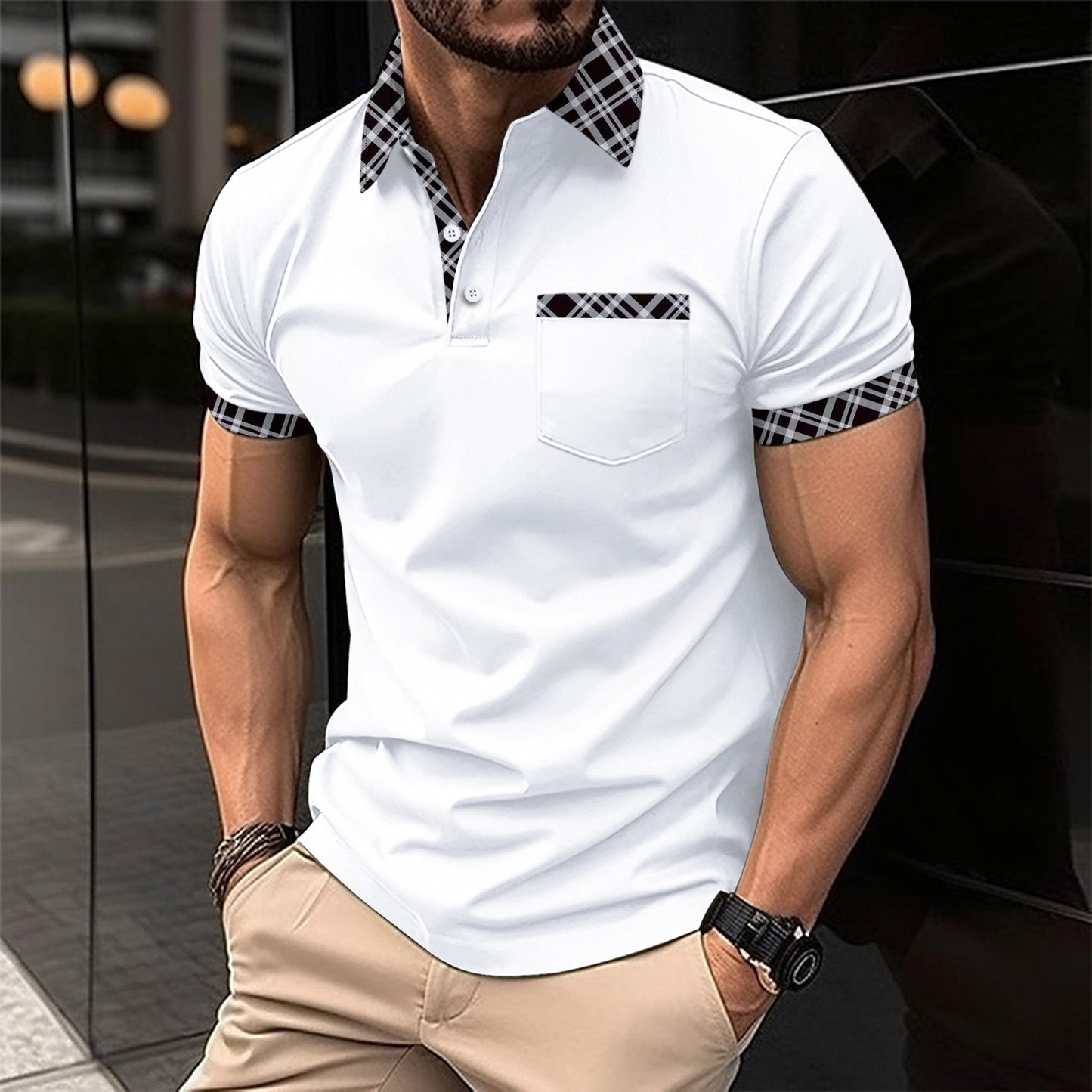 Farblich abgestimmtes kariertes Kurzarm-Sportpoloshirt