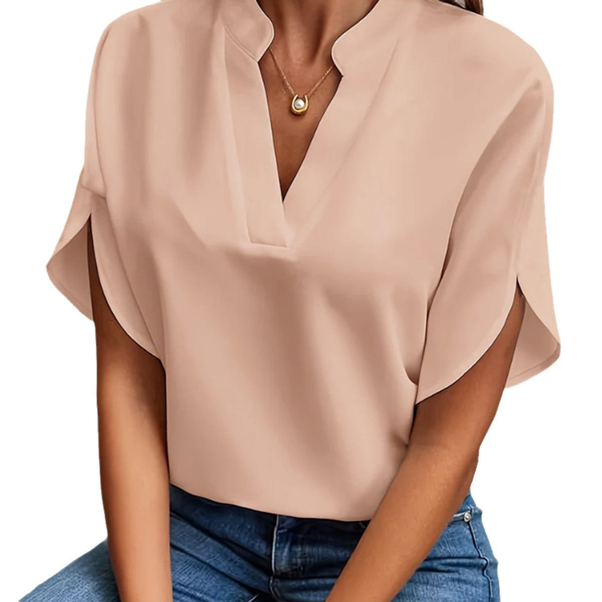 Sommer V-Ausschnitt Damen Kurzarm-Shirt