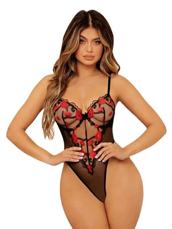 Schwarzer Mesh-Jumpsuit mit transparentem Lippenmuster