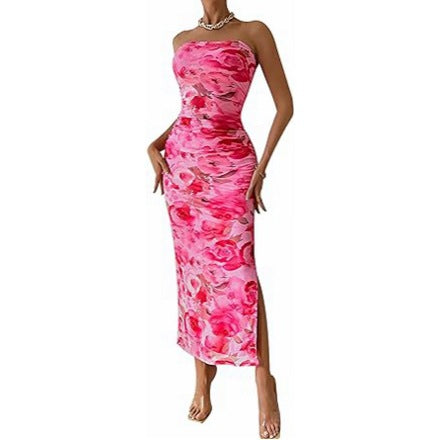 Damenkleid mit ärmellosem Print und Schlitzsaum am Saum