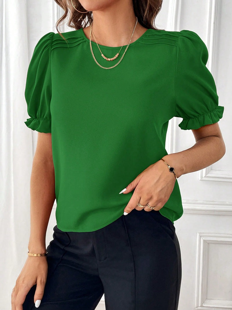 Modisches Pure-Color-Rundhals-Shirt-Top mit Temperament