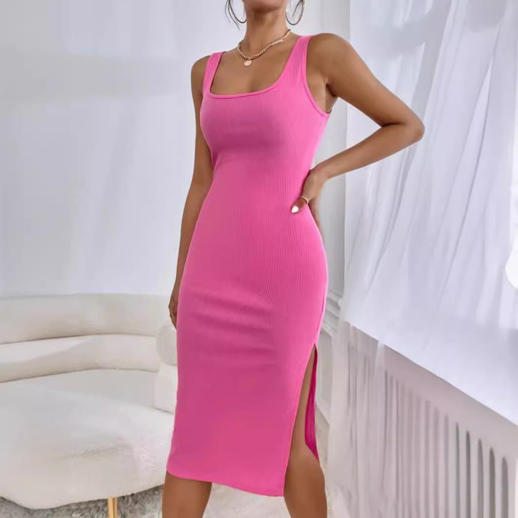 Elegantes Ärmelloses Kleid mit Rippenmuster und Schlitz