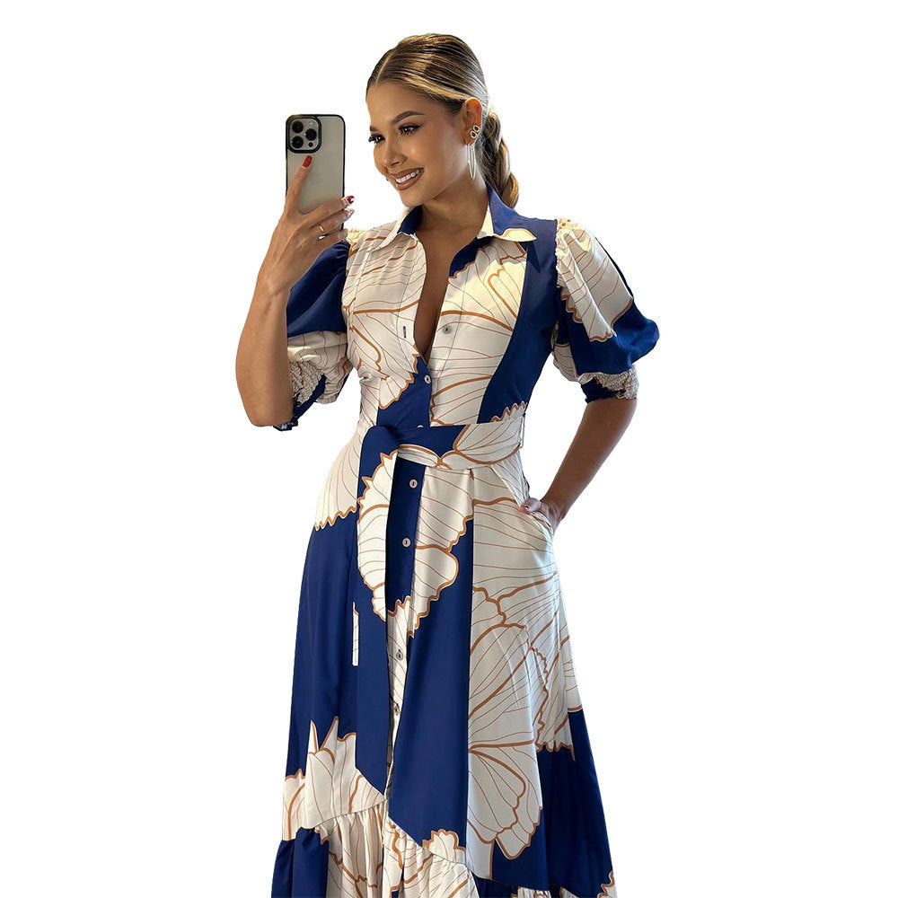 Hoch tailliertes Maxikleid mit unregelmäßigem Druck und Shirt-Cardigan-Stil