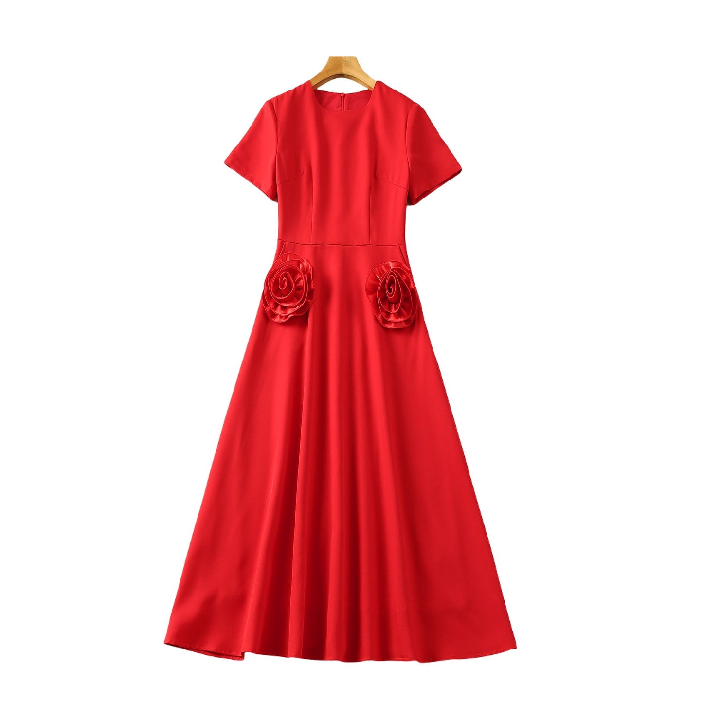 Dreidimensionales Blumen Rundhals Kurzarm Französisches Kleid
